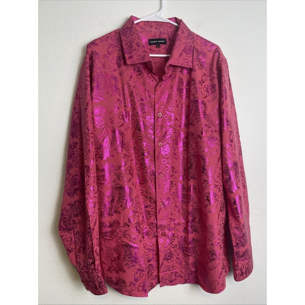 Barry Wang Men's Silky Medium Pink Dress Shirt W/Paisley Design Size Extra Large